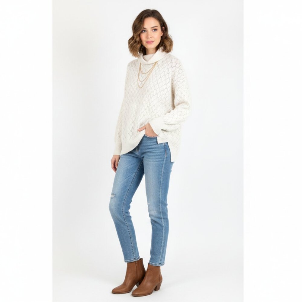 *Wonderly Cream Open Knit Long Sleeve Turtleneck